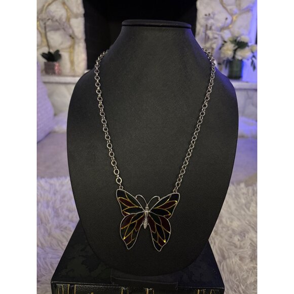 Silver Butterfly Suncatcher Necklace With Red & Green Stained Glass Design On Ch - Picture 8 of 12